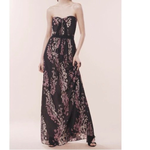 NEW BCBGMaxAzria Amber Chiffon Strapless Floral Print Gown Maxi Dress Black 2 - Picture 1 of 13